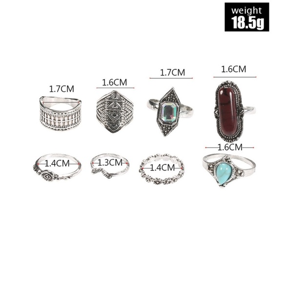 **CAMILLA* 8-Pc Silver x Turquoise Fashion Ring Set - Picture 6 of 6